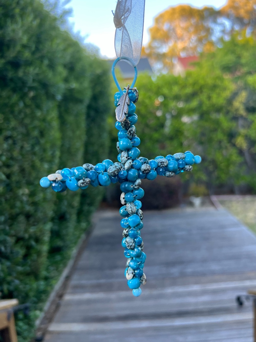 Blue Hue Folk Art Beaded Cross Pendant Charm Ornament